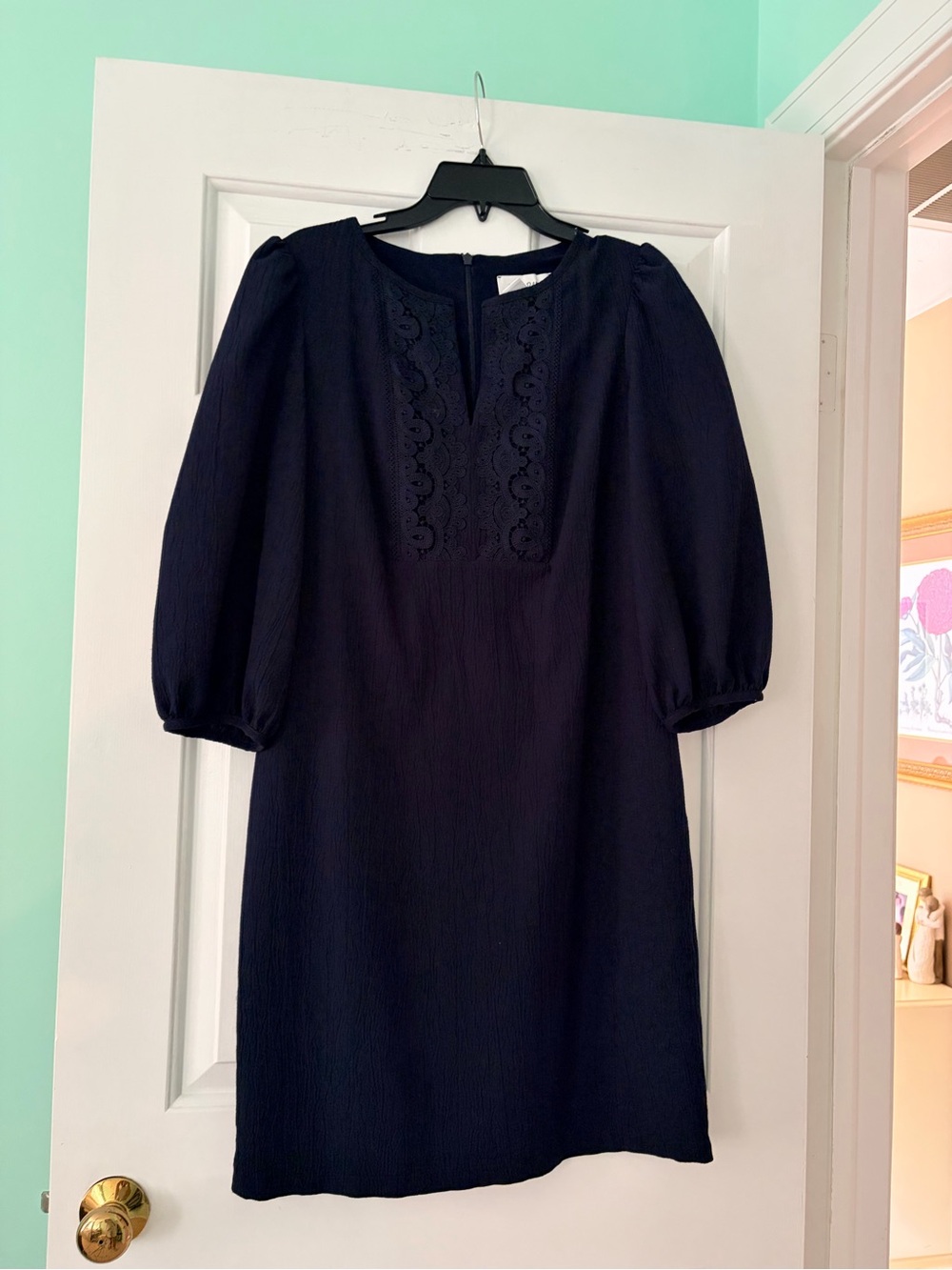 Joseph Ribkoff Navy Mini Dress with Lace Yoke and Puff Sleeves